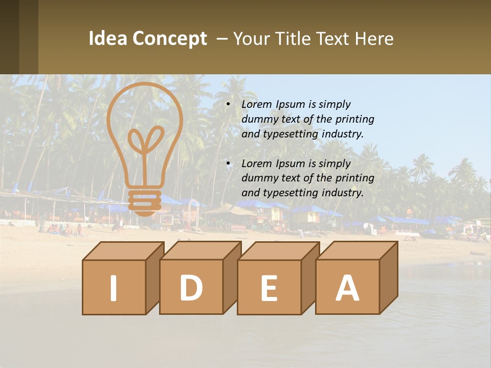 A Sandy Beach With Palm Trees And Blue Umbrellas PowerPoint Template