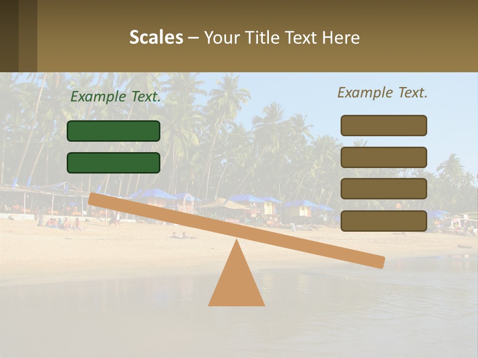 A Sandy Beach With Palm Trees And Blue Umbrellas PowerPoint Template