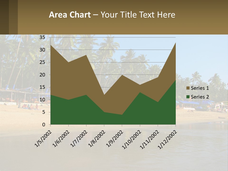 A Sandy Beach With Palm Trees And Blue Umbrellas PowerPoint Template