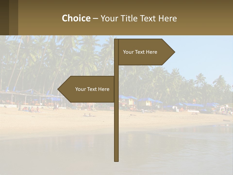 A Sandy Beach With Palm Trees And Blue Umbrellas PowerPoint Template