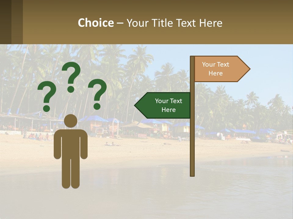 A Sandy Beach With Palm Trees And Blue Umbrellas PowerPoint Template