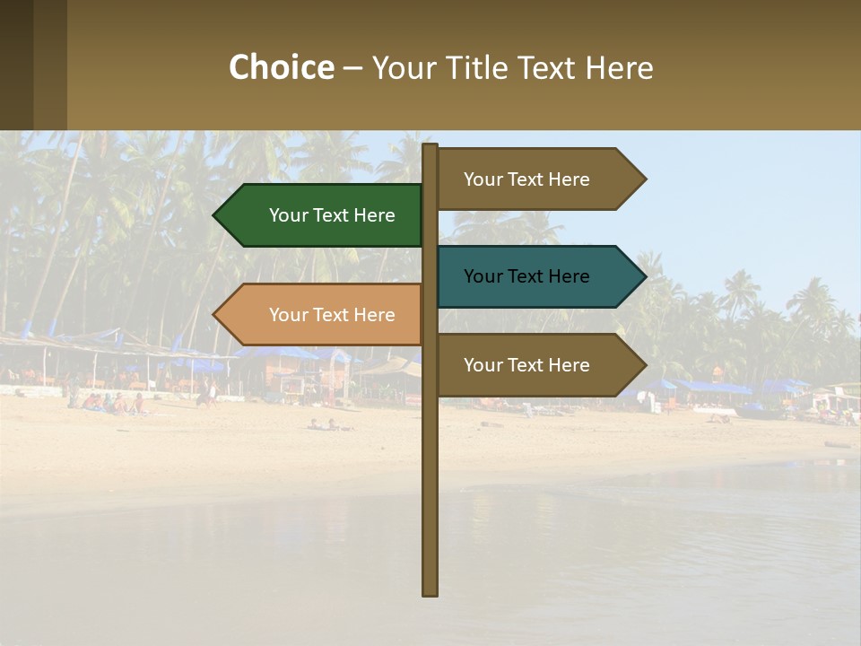 A Sandy Beach With Palm Trees And Blue Umbrellas PowerPoint Template