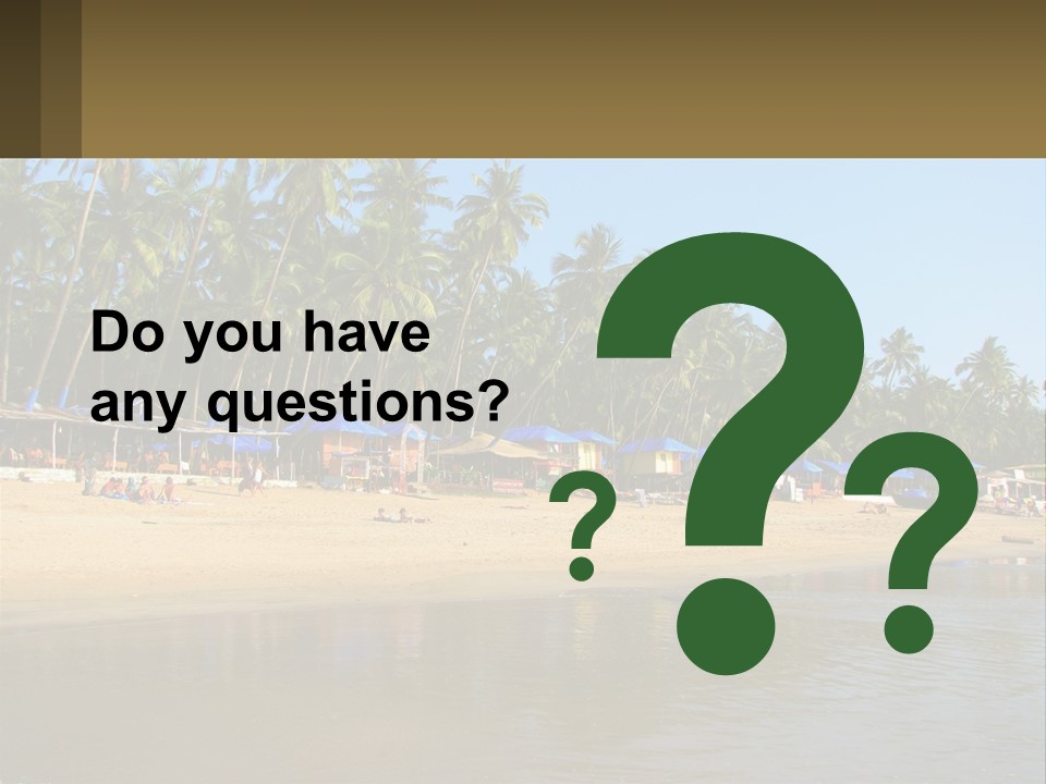 A Sandy Beach With Palm Trees And Blue Umbrellas PowerPoint Template