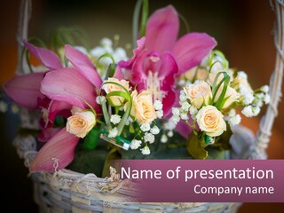 A Basket Filled With Pink And White Flowers PowerPoint Template