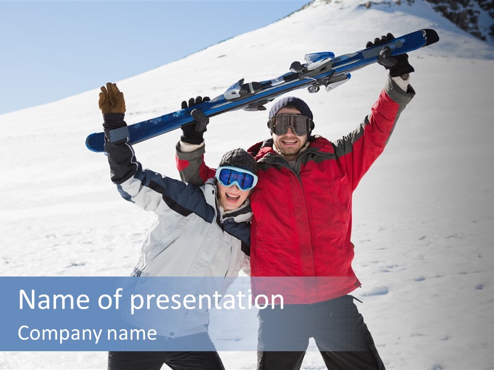 A Man And A Woman Holding Skis On Their Shoulders PowerPoint Template