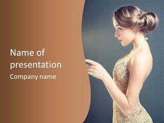 A Woman In A Dress Is Holding A Cell Phone PowerPoint Template
