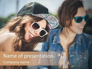 Two Beautiful Young Women Wearing Sun Glasses And Hats PowerPoint Template