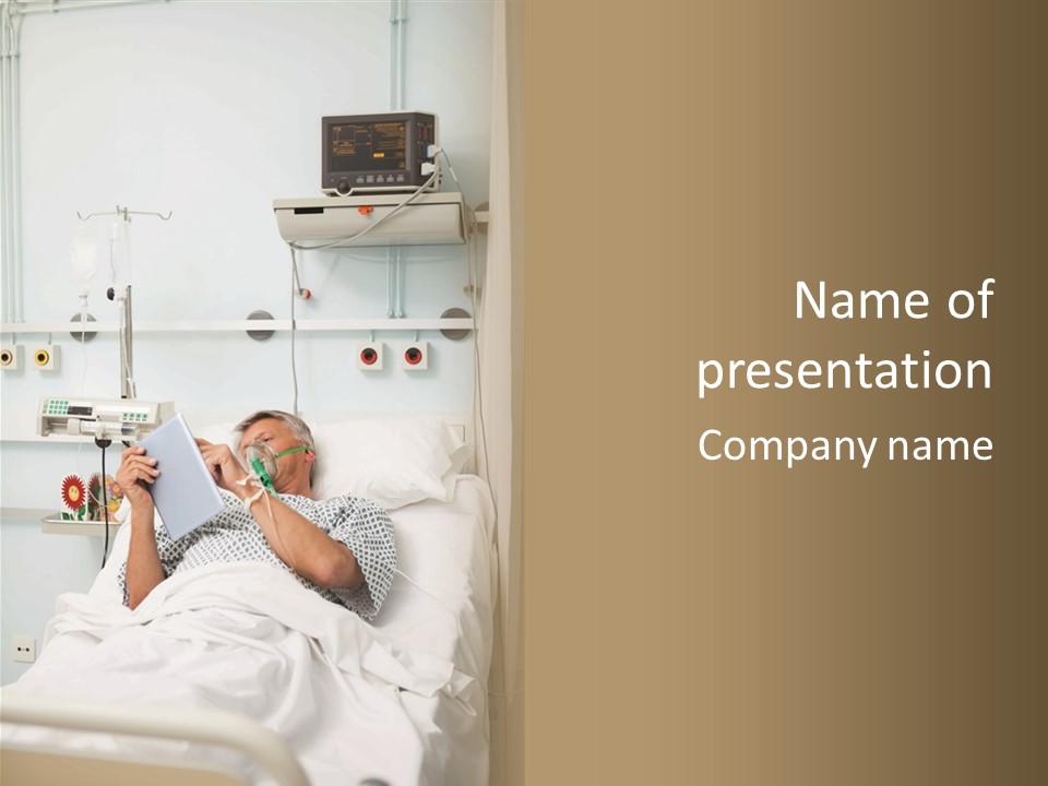 A Man Laying In A Hospital Bed Reading A Book PowerPoint Template