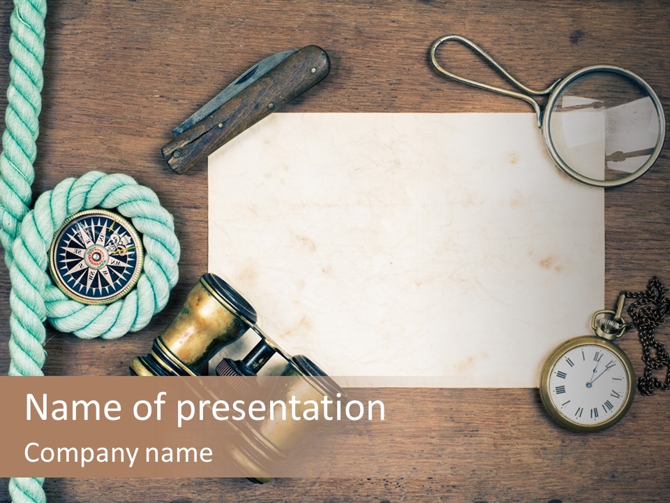 A Wooden Table Topped With A Paper And A Compass PowerPoint Template