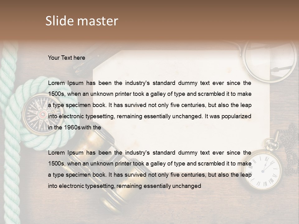 A Wooden Table Topped With A Paper And A Compass PowerPoint Template