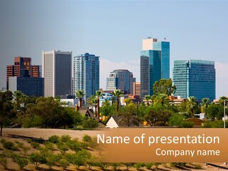 A City Skyline With Palm Trees In The Foreground PowerPoint Template