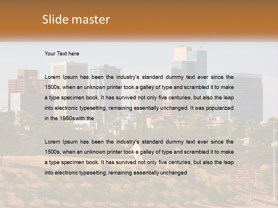 A City Skyline With Palm Trees In The Foreground PowerPoint Template