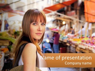 A Woman Is Standing In Front Of A Market PowerPoint Template