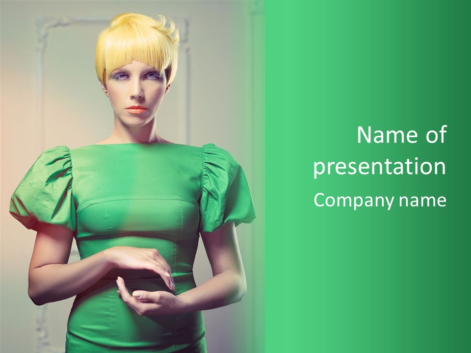 A Woman In A Green Dress Is Holding Her Stomach PowerPoint Template