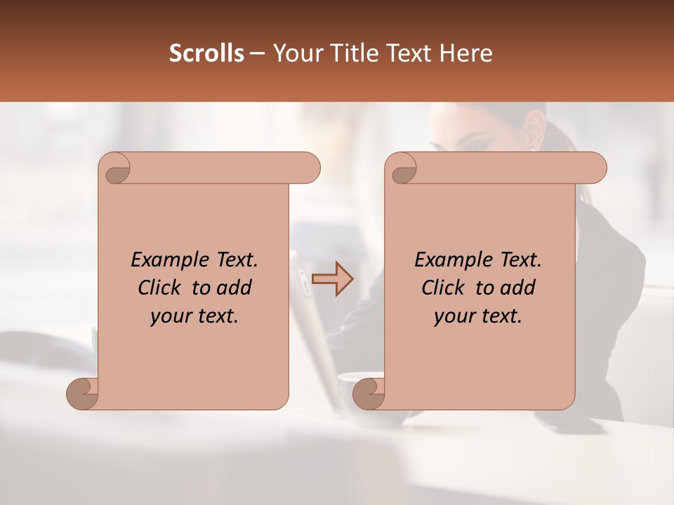 A Woman Sitting At A Table Using A Laptop Computer PowerPoint Template