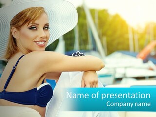 A Woman In A Blue Bikini And A White Hat PowerPoint Template
