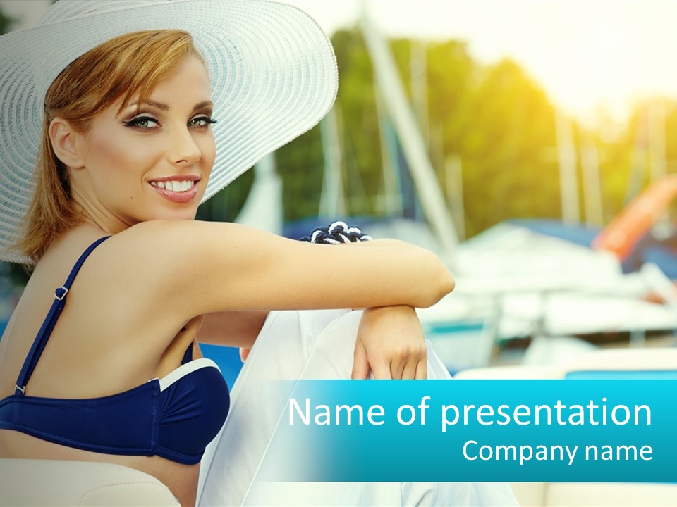 A Woman In A Blue Bikini And A White Hat PowerPoint Template