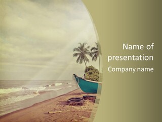 A Boat On The Beach With Palm Trees In The Background PowerPoint Template