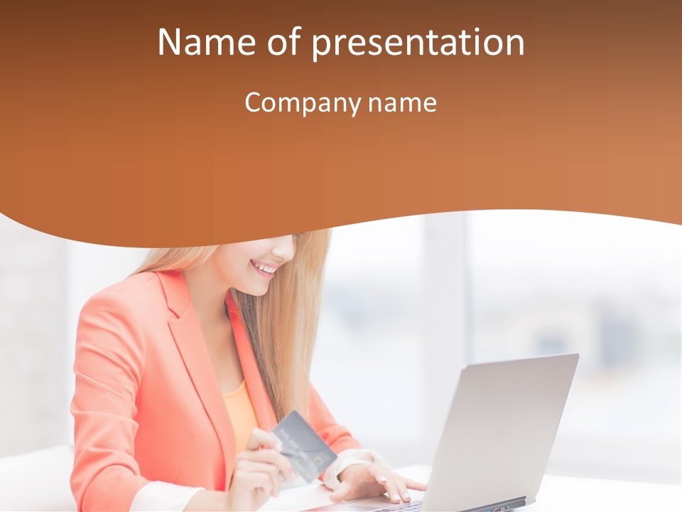 A Woman Holding A Credit Card And Looking At A Laptop PowerPoint Template