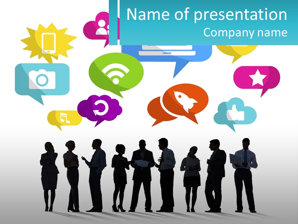A Group Of People Standing Next To Each Other With Speech Bubbles Above Them PowerPoint Template
