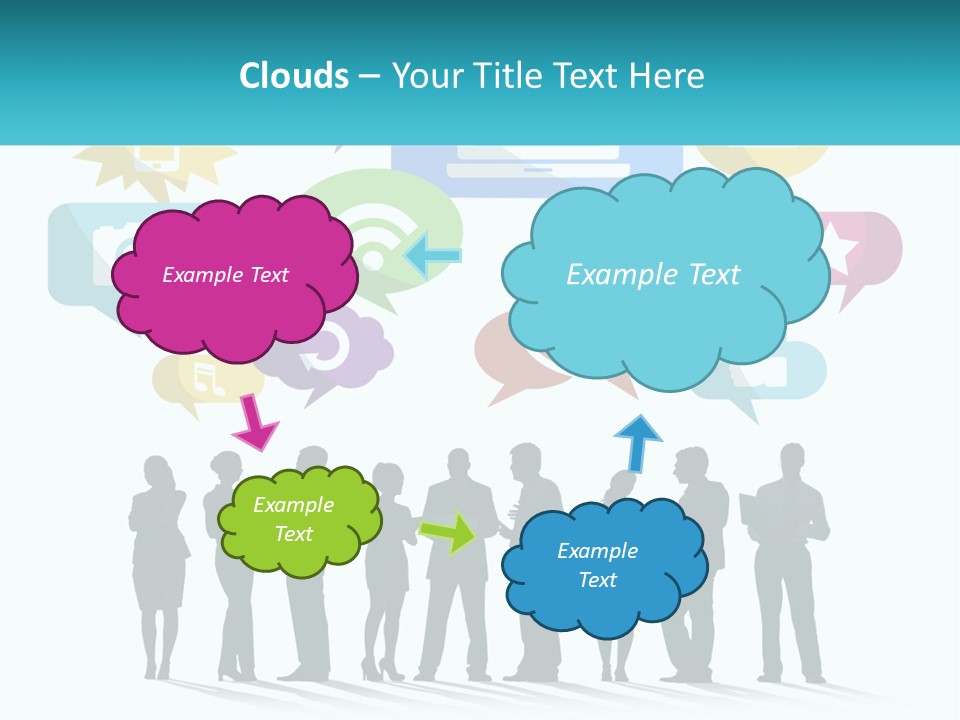 A Group Of People Standing Next To Each Other With Speech Bubbles Above Them PowerPoint Template