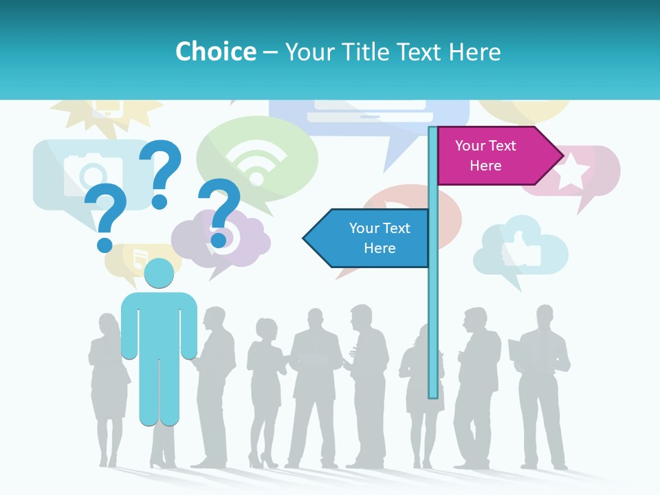 A Group Of People Standing Next To Each Other With Speech Bubbles Above Them PowerPoint Template