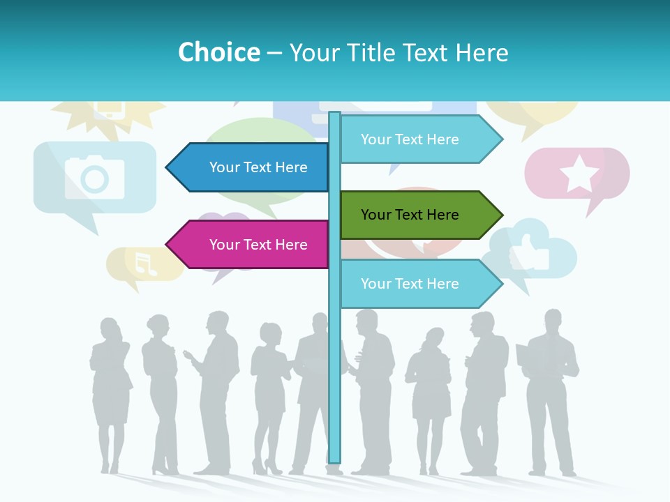 A Group Of People Standing Next To Each Other With Speech Bubbles Above Them PowerPoint Template