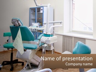A Dentist Office With A Blue Chair And A White Chair PowerPoint Template