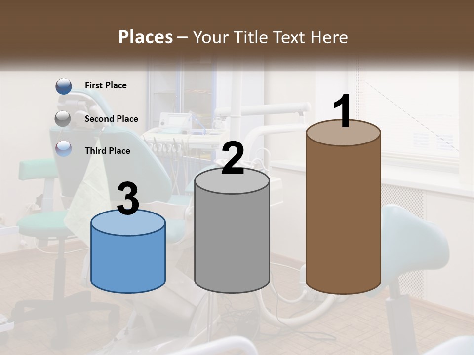 A Dentist Office With A Blue Chair And A White Chair PowerPoint Template