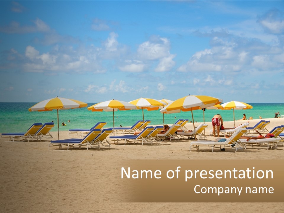 A Group Of Lawn Chairs And Umbrellas On A Beach PowerPoint Template