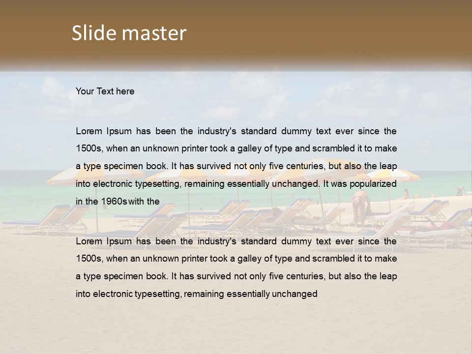 A Group Of Lawn Chairs And Umbrellas On A Beach PowerPoint Template