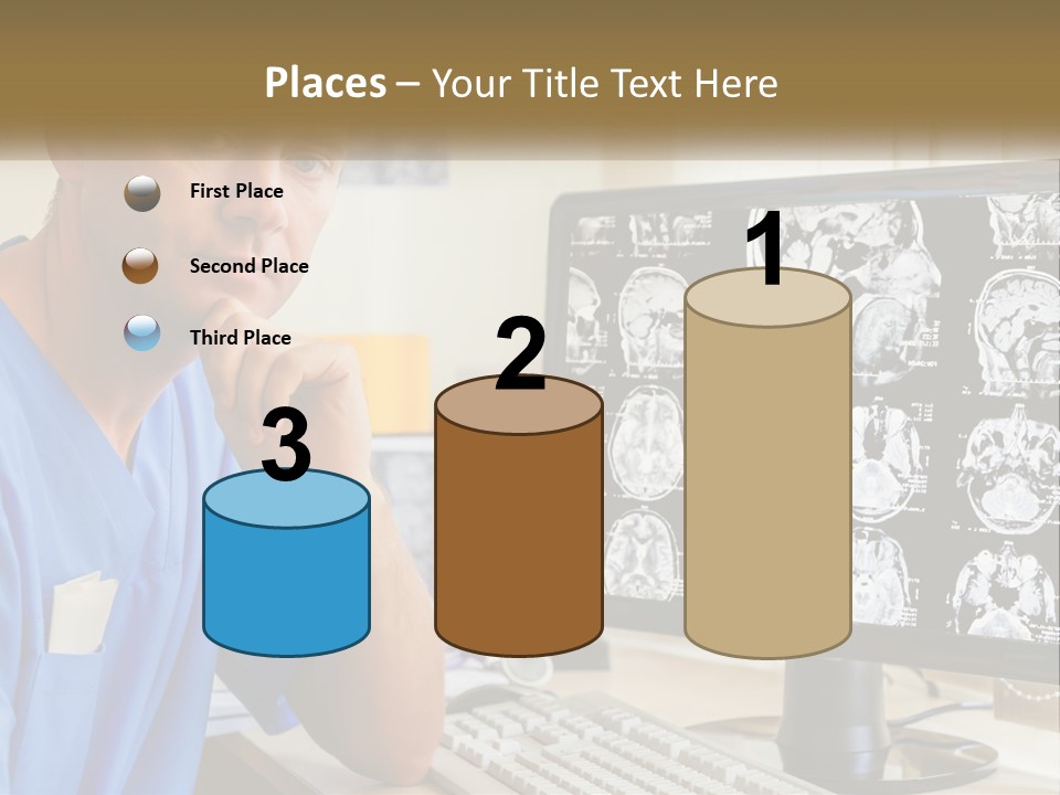 A Man In Scrubs Sitting In Front Of A Computer PowerPoint Template