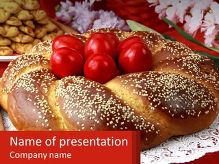 A Plate Of Bread With Tomatoes On Top Of It PowerPoint Template