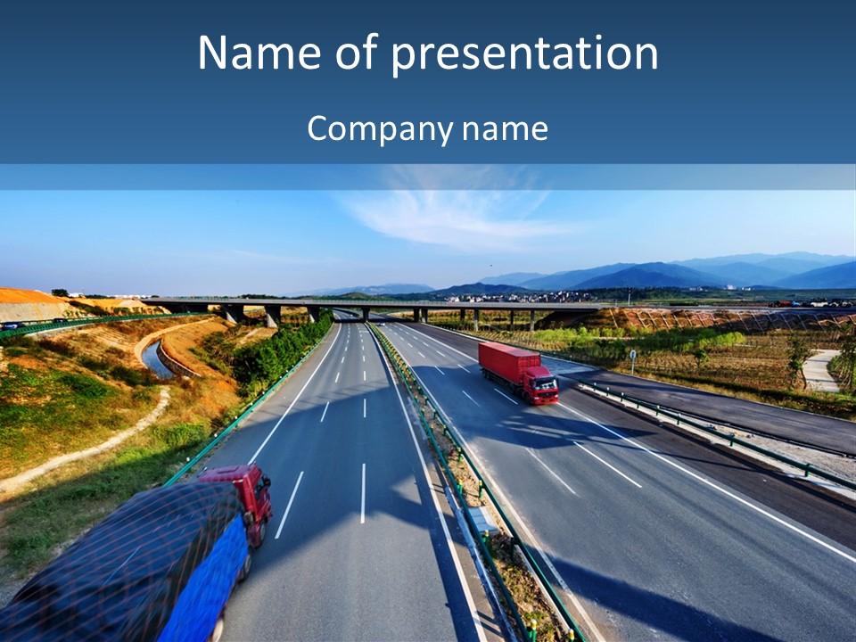 A Truck Driving Down A Highway Next To A Bridge PowerPoint Template