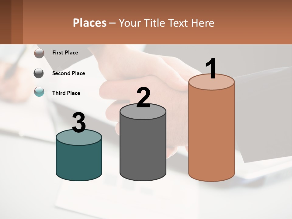 Two People Shaking Hands Over A Laptop Computer PowerPoint Template