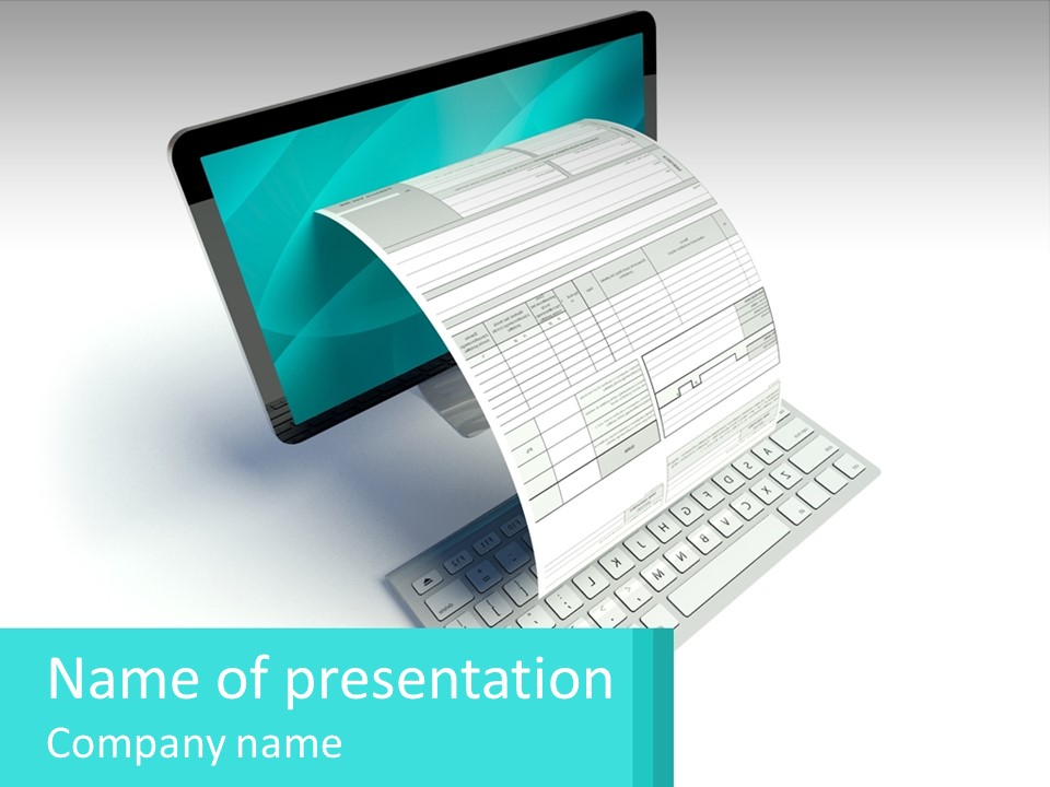 A Computer With A Sheet Of Paper On Top Of It PowerPoint Template
