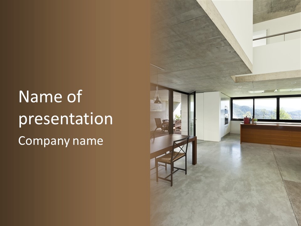 A Large Room With A Table And Chairs In It PowerPoint Template