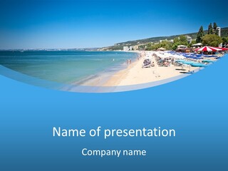 A Blue And White Beach With Boats In The Water PowerPoint Template