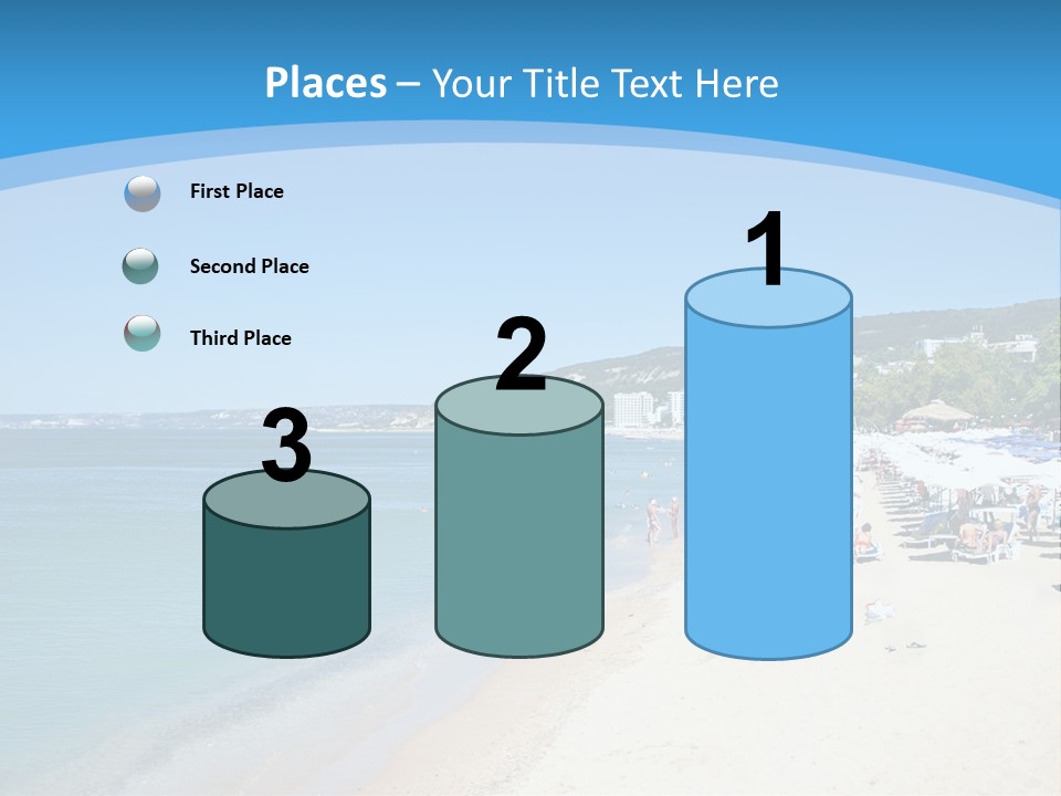 A Blue And White Beach With Boats In The Water PowerPoint Template