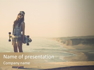 A Girl Holding A Skateboard On A Pier PowerPoint Template