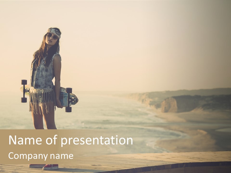 A Girl Holding A Skateboard On A Pier PowerPoint Template