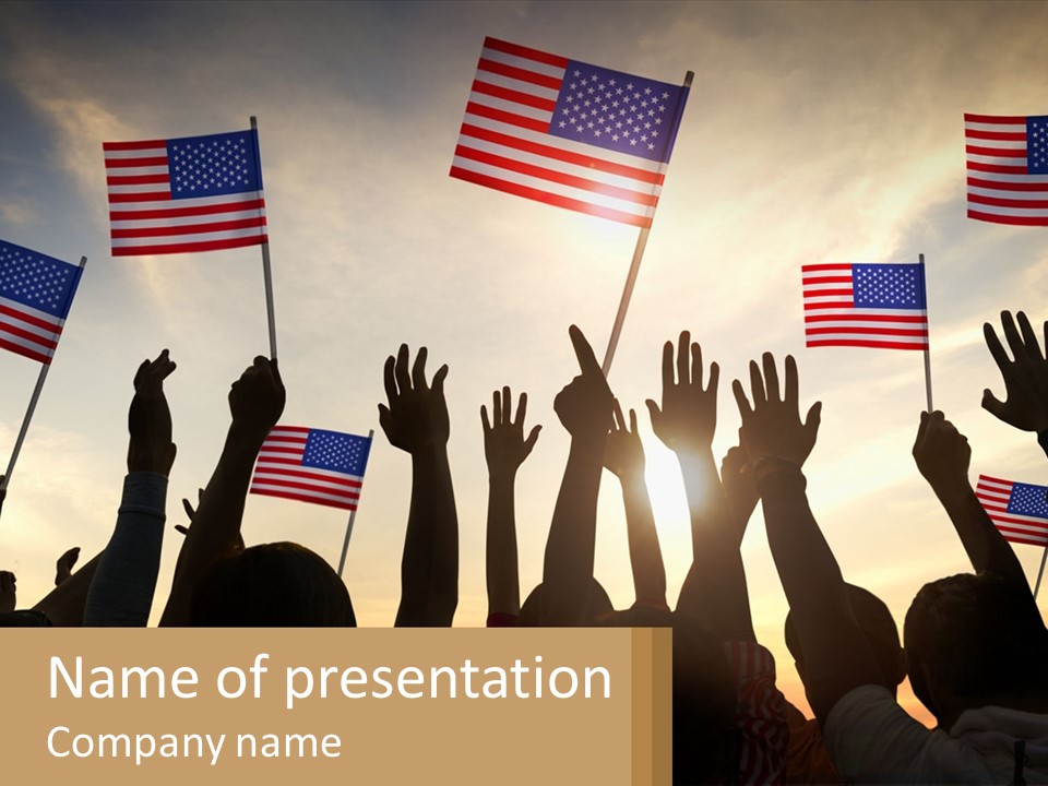 A Group Of People Holding American Flags In The Air PowerPoint Template
