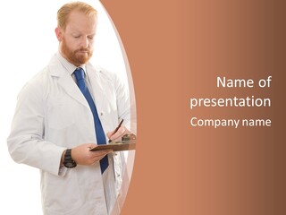 A Man In A Lab Coat Writing On A Clipboard PowerPoint Template