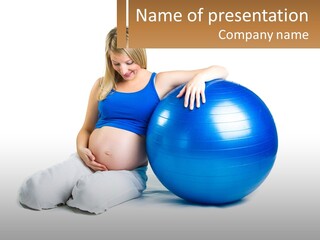 A Pregnant Woman Sitting On A Blue Exercise Ball PowerPoint Template