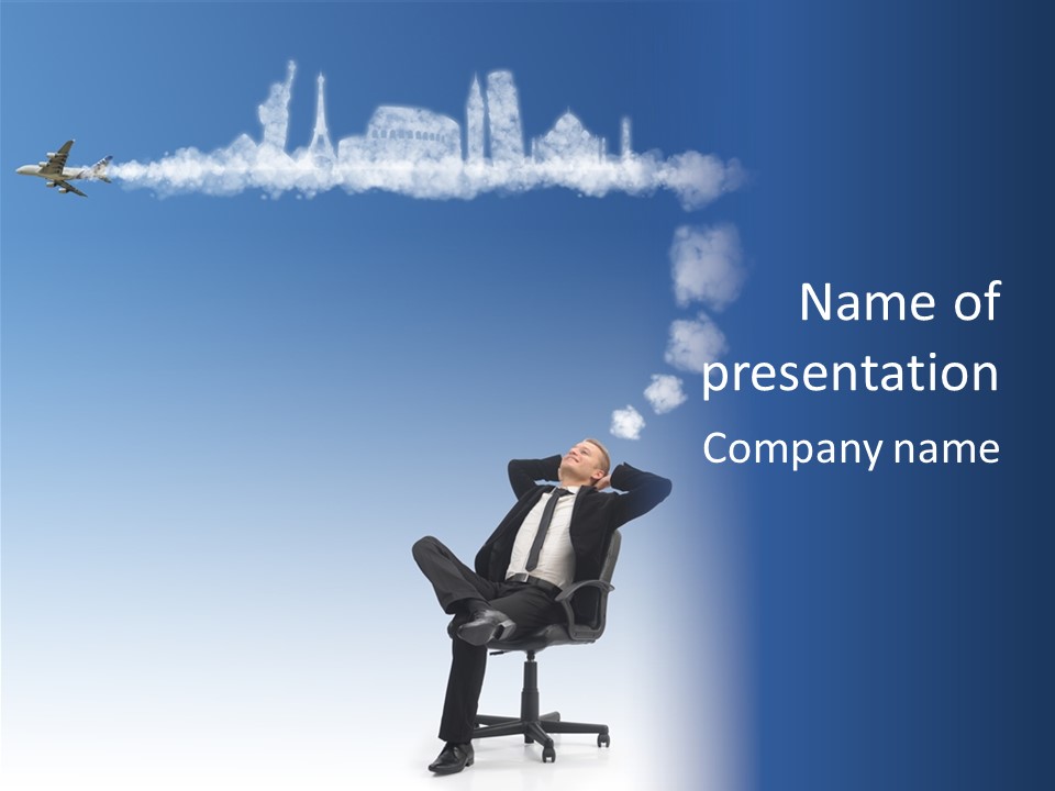 A Man Sitting In A Chair With A Plane In The Sky PowerPoint Template