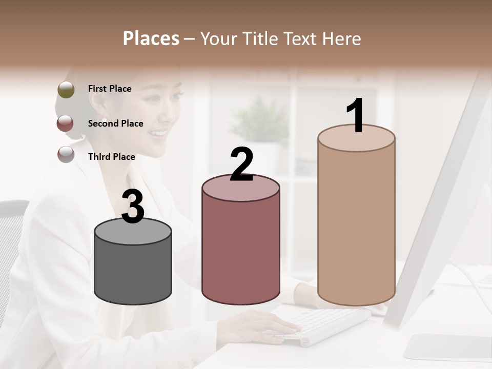 A Woman Sitting At A Desk Using A Computer PowerPoint Template