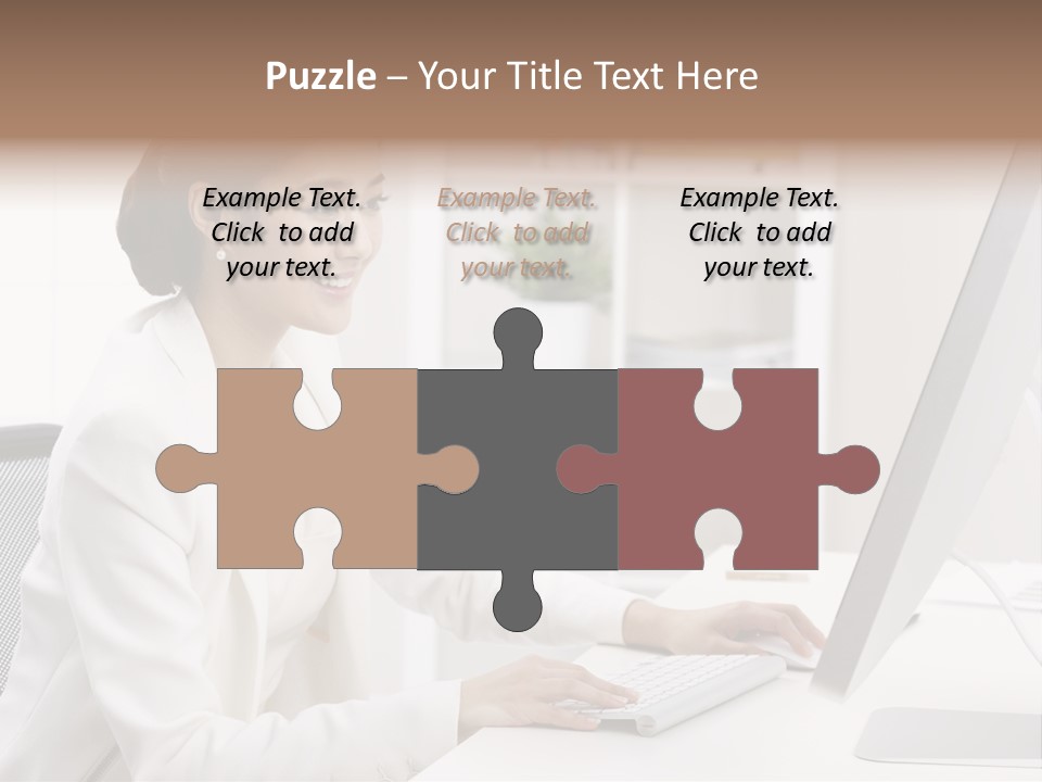 A Woman Sitting At A Desk Using A Computer PowerPoint Template