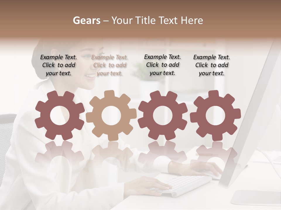 A Woman Sitting At A Desk Using A Computer PowerPoint Template