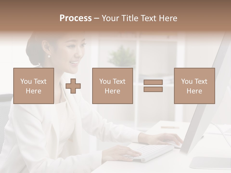 A Woman Sitting At A Desk Using A Computer PowerPoint Template