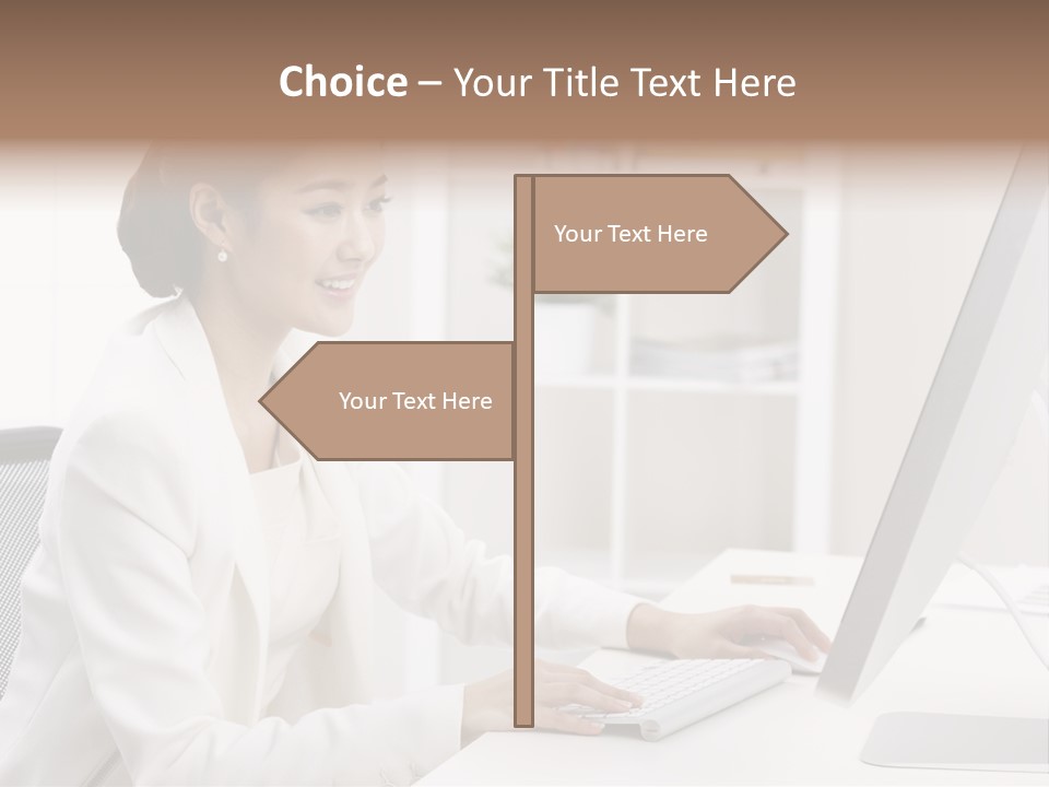 A Woman Sitting At A Desk Using A Computer PowerPoint Template